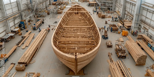 A large wooden boat hull under construction in a spacious workshop, surrounded by various tools and materials. photo