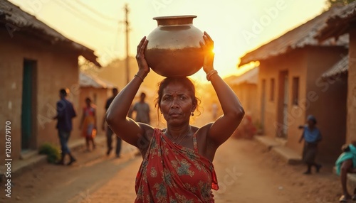 Rural Woman Carrying Clay Pot at Sunset in a Traditional Village