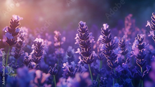 Purple lavender flower field cinematic view. with in the agricultural garden. photo