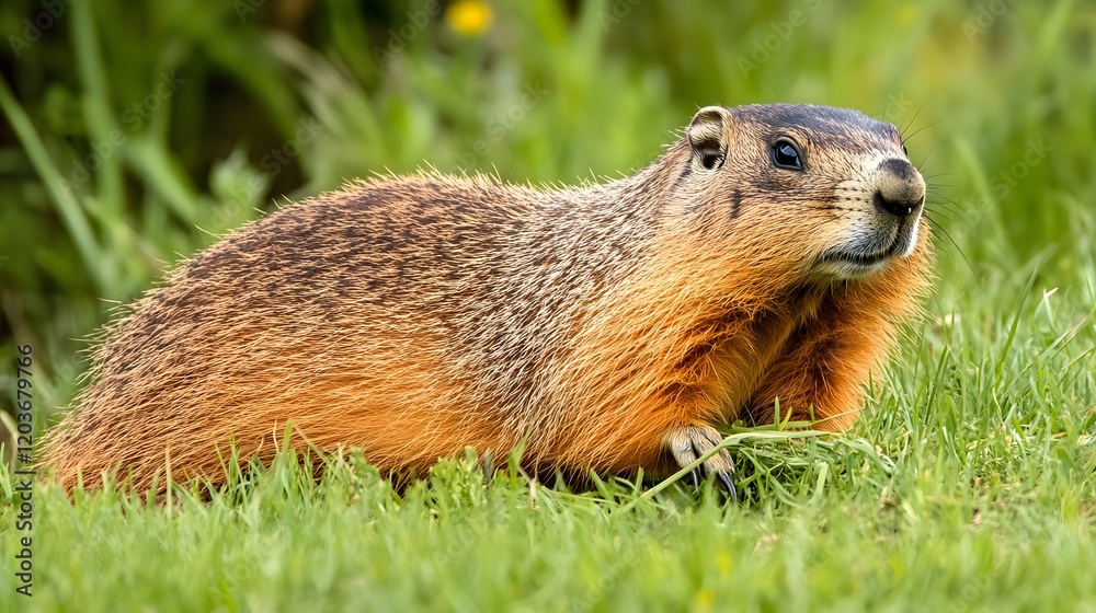 Groundhog stands in prairie grassland holding grass in paws, displaying soft golden fur near burrow entrance against green meadow background in natural sunlight with curious expression. Groundhog stands in prairie grassland holding grass in paws, displaying soft golden fur near burrow entrance against green meadow background in natural sunlight with curious expression.