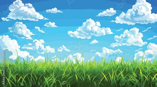 Vibrant Lush Green Grass Under Bright Blue Sky with Clouds