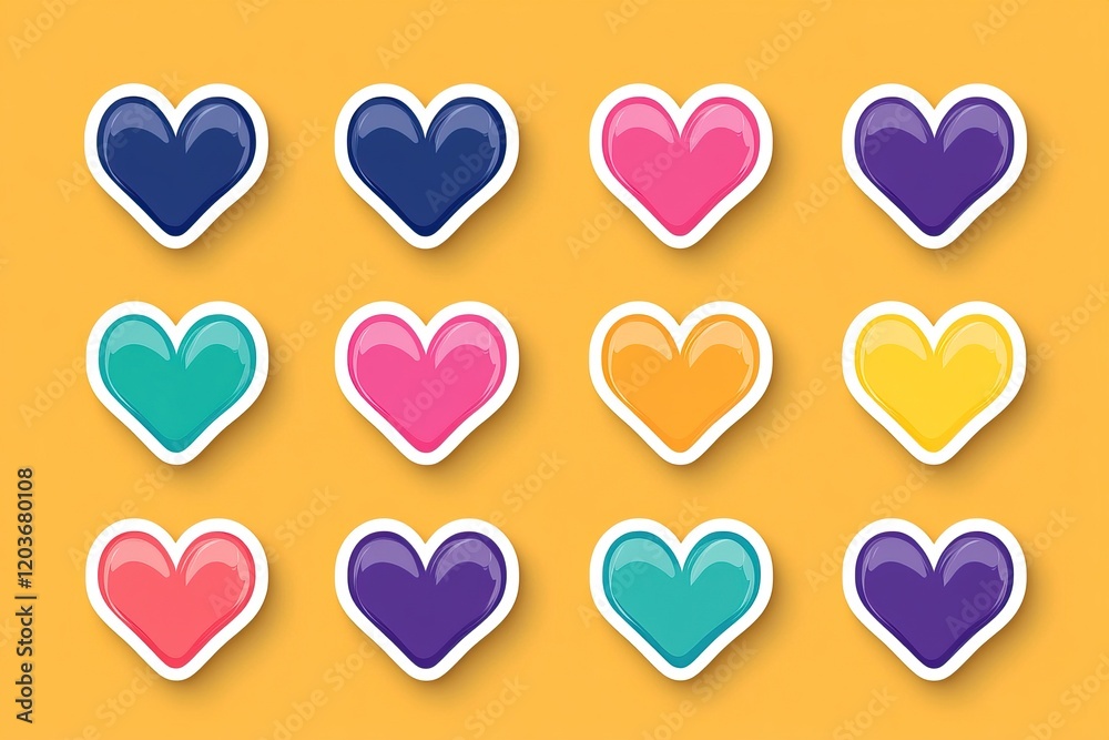 Bright and colorful heart-shaped stickers are arranged neatly, ideal for designers and crafters. Perfect for Valentine's Day cards and other themed decorations Bright and colorful heart-shaped stickers are arranged neatly, ideal for designers and crafters. Perfect for Valentine's Day cards and other themed decorations