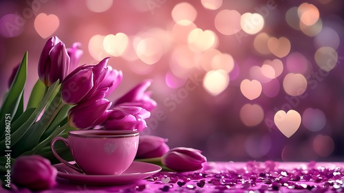 Purple tulips and heart shaped bokeh with cup of tea on pink table photo