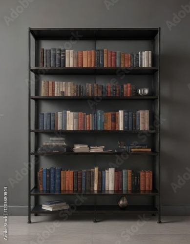 A minimalist metal bookcase containing a curated selection of classic novels and essays, elegance, minimalist metal bookcase photo