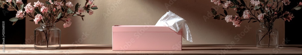 Elegant pink tissue box in tranquil floral setting with cherry blossoms Elegant pink tissue box in tranquil floral setting with cherry blossoms