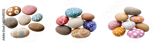 Colorful painted stones with intricate patterns arranged in three separate piles, showcasing creativity and vibrant designs photo