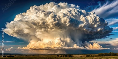 A majestic cumulus cloud towers above the landscape, its towering vertical growth and flat anvil-shaped base giving it a dramatic and imposing presence, cumulus, rugged
