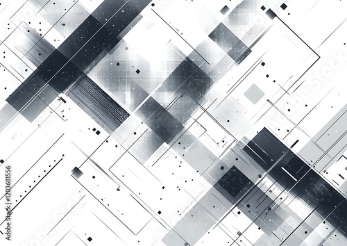 Abstract geometric design in black and white with intersecting lines and shapes.