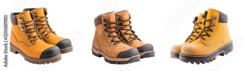 Yellow work boots with black soles and laces, isolated transparency background. Durable and rugged footwear for outdoor