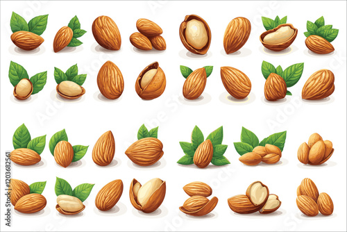 Set of colorful abstract almond elements, Fresh almond natural foods icons vector, Set of organic almond vector, Abstract almond icon set, Healthy and fresh almonds vector illustrations