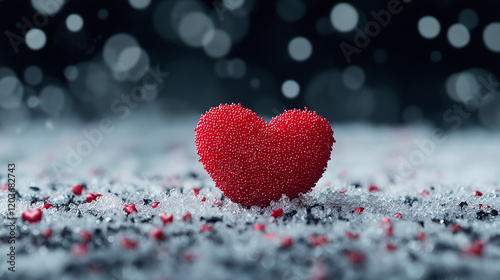 Red Heart in Winter Sparkle: A plush red heart sits nestled amongst glistening snow and sparkling particles, creating a romantic and festive mood against a dark, bokeh-filled background.