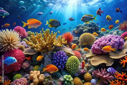 A coral reef teeming with life, colorful fish and invertebrates inhabit the vibrant ecosystem, fish, coral reef, ocean, aquatic photo