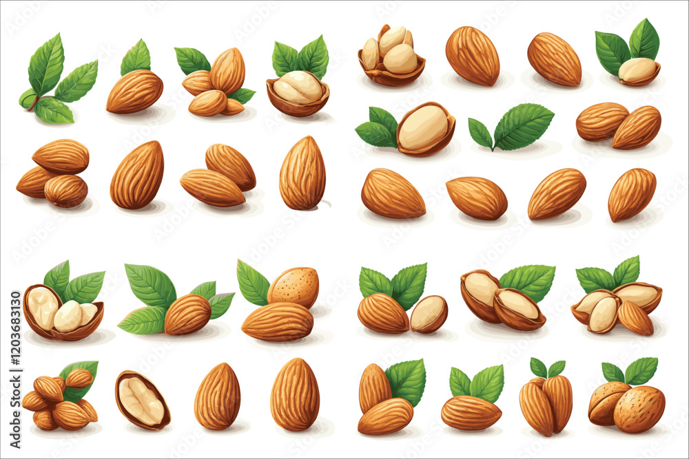 Set of colorful abstract almond elements, Fresh almond natural foods icons vector, Set of organic almond vector, Abstract almond icon set, Healthy and fresh almonds vector illustrations Set of colorful abstract almond elements, Fresh almond natural foods icons vector, Set of organic almond vector, Abstract almond icon set, Healthy and fresh almonds vector illustrations