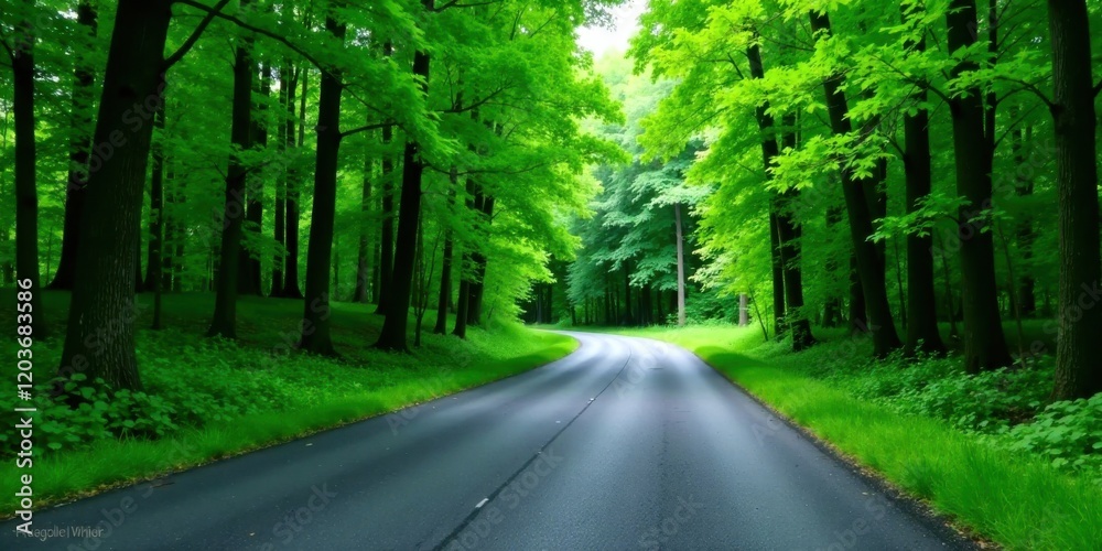 Fototapeta premium Asphalt road curving through a vibrant green forest, sunlight filtering through the lush canopy, creating a tranquil and serene atmosphere