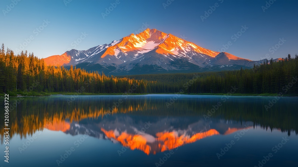 Majestic golden mountain peak reflects perfectly in calm alpine lake during sunset, featuring snow-capped summit glowing orange, pristine turquoise water, and green forested slopes Majestic golden mountain peak reflects perfectly in calm alpine lake during sunset, featuring snow-capped summit glowing orange, pristine turquoise water, and green forested slopes