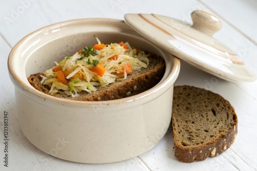 A ceramic crock with a layer of moldy rye bread and vegetables in a fermented state on a white background, sour foods, fermentation vessel, lactic acid bacteria, fermented food photo