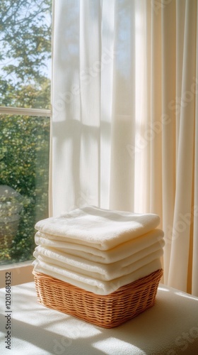 A neatly folded stack of clean laundry rests in a wicker basket, illuminated by soft natural light cascading through light blue curtains, creating a warm and inviting atmosphere photo