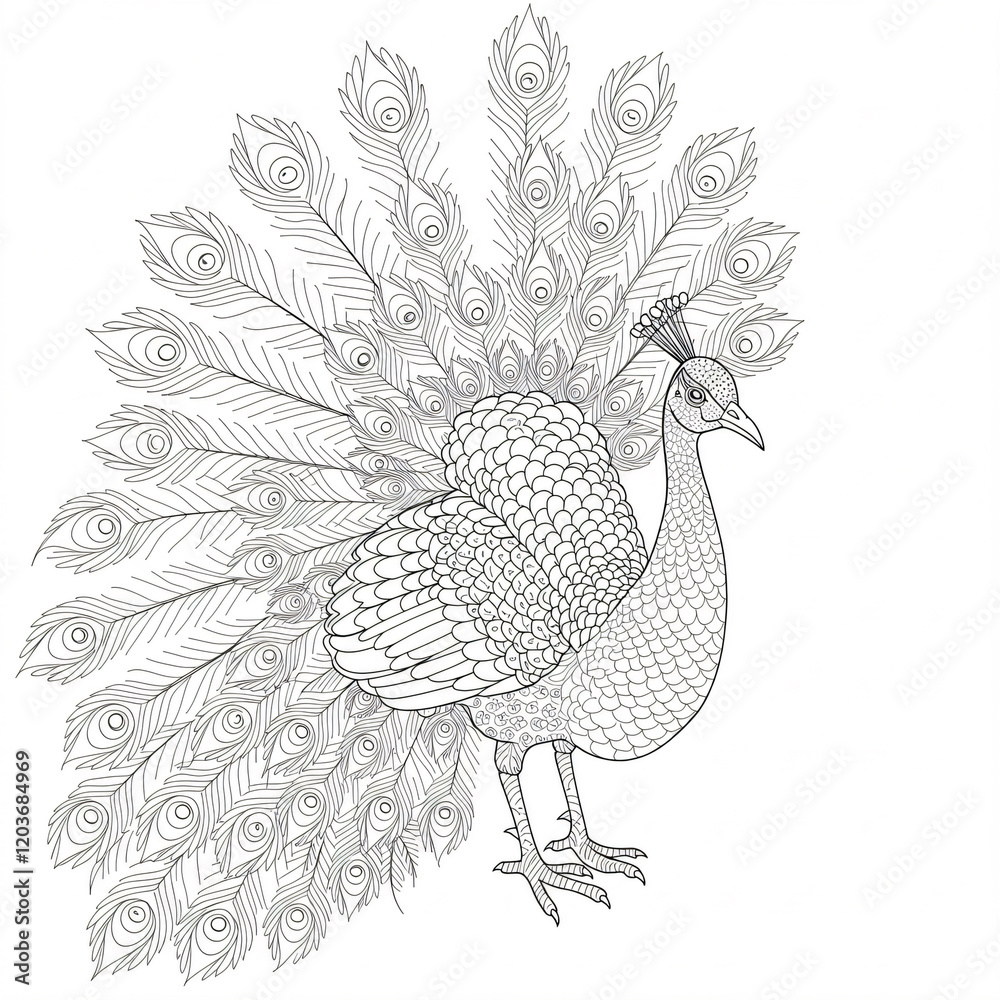 Obraz premium Line drawing of a peacock with an elaborate, fanned tail.