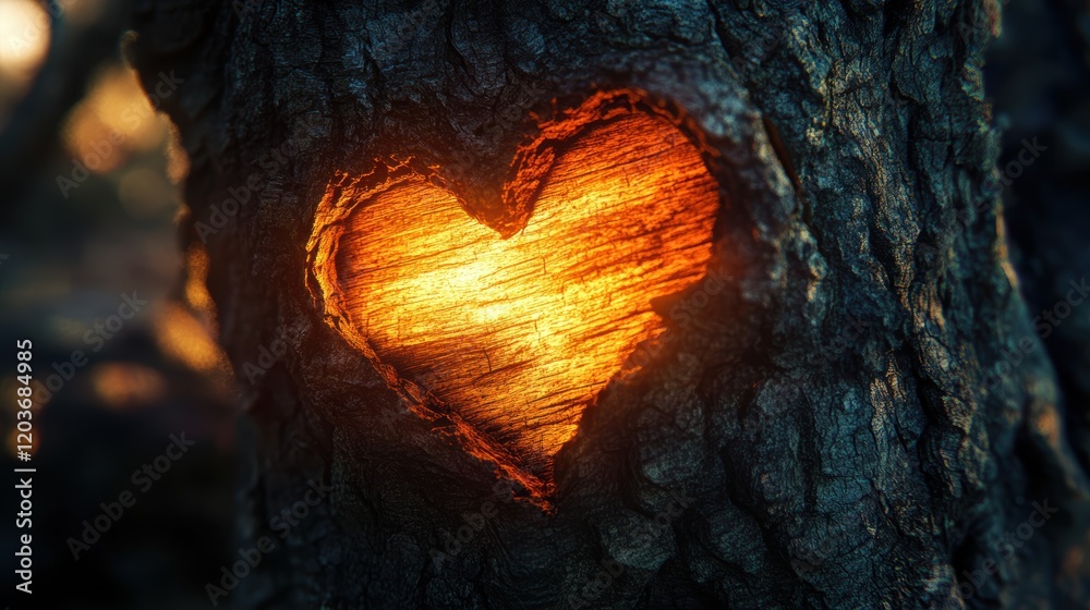 Heart Shape Carved in Tree Bark with Warm Glowing Light Effect Heart Shape Carved in Tree Bark with Warm Glowing Light Effect