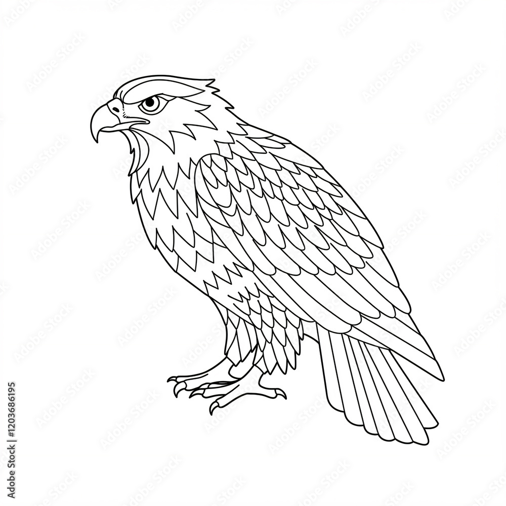 Fototapeta premium Line drawing of an eagle with detailed feathers and fierce expression.