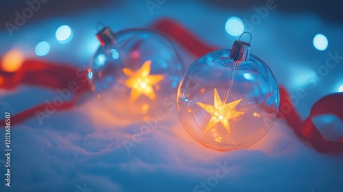 Decorative glass ornaments with glowing stars and festive lights in a cozy winter setting