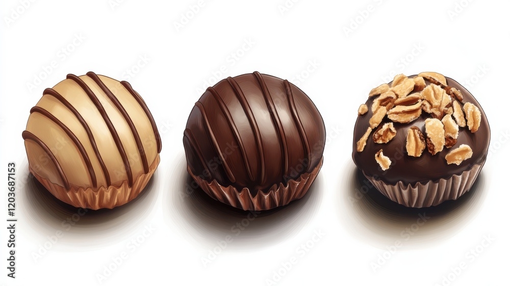 Assorted gourmet chocolate truffles with various toppings displayed on a white background