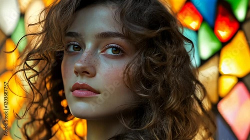 A beautiful woman with curly hair, illuminated by the warm rays of the setting sun shining through stained glass windows. The image has a soft, dreamy quality with a bokeh effect,