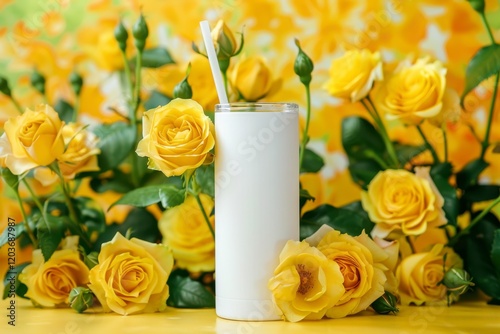 Fresh Drink in White Cup Surrounded by Yellow Roses and Green Foliage