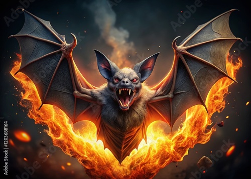 Fiery Bat: Mythical Creature with Open Mouth Spewing Flames, Dark Fantasy Photography photo