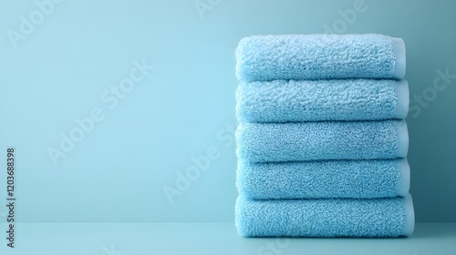 Soft blue cotton towels stack neatly folded, showcasing plush luxury bathroom textiles with high-quality fabric texture in pale blue theme, creating spa-like atmosphere against white background.
