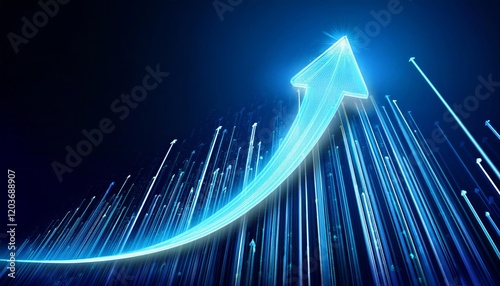 A glowing upward arrow made of light particles, surrounded by vertical lines with glowing tips