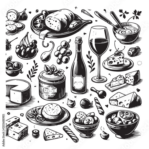 chalk food illustrations, wedding dinner icons, wine or champagne glass, cheese, and charcuterie drawings for wedding invitations, cafe menus, and parties. La dolce vita italian sketch style.