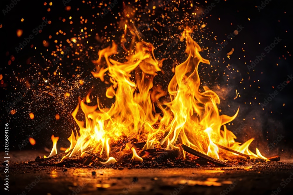Fiery Silhouette: Dramatic Flames and Sparks on Black Background Fiery Silhouette: Dramatic Flames and Sparks on Black Background
