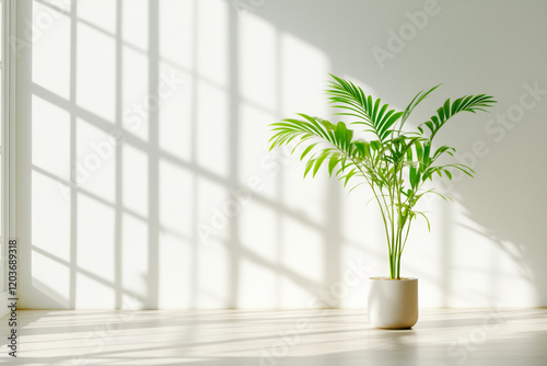 Indoor plant in a minimalistic setting with soft window shadows on the wall.