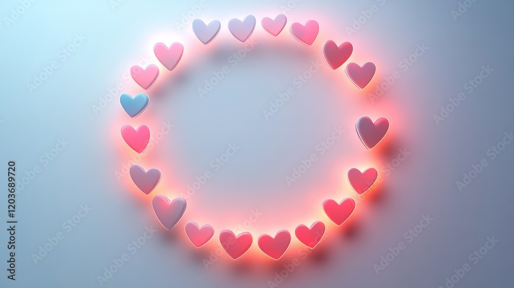 Obraz premium Subtle minimalistic frame with a soft gradient and glowing hearts for Valentine's Day, isolated on white 