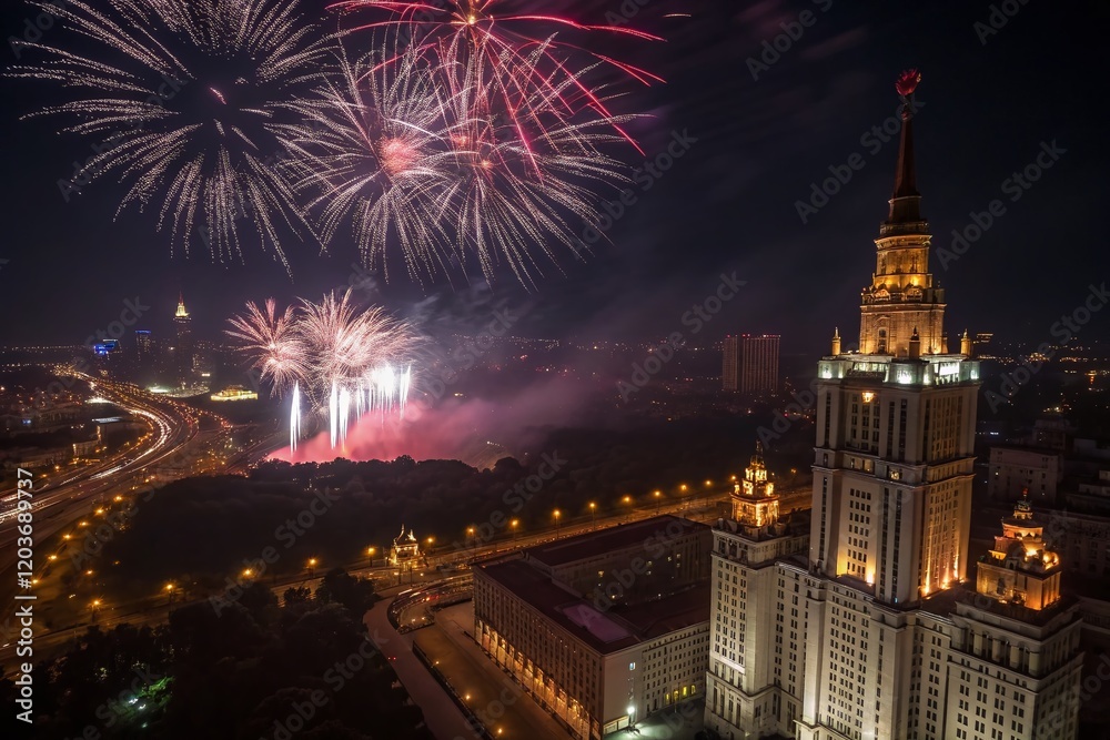 Obraz premium Fireworks Exploding Over Dark Cityscape at Night - Architectural Photography