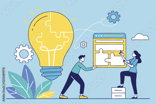 Stylized illustration, teamwork concept, giant yellow lightbulb, puzzle pieces, business people, collaborative problem-solving, browser windows, flat design, blue background, idea generation, intercon