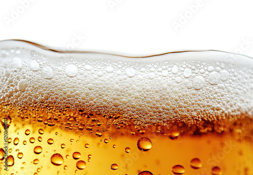 Close-up of golden beer with foam and bubbles, isolated on transparent cutout background
