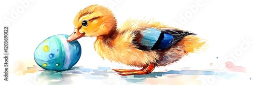 A cute duckling waddling with a pastel-colored Easter egg, showcasing charm, playfulness, and festive springtime joy.