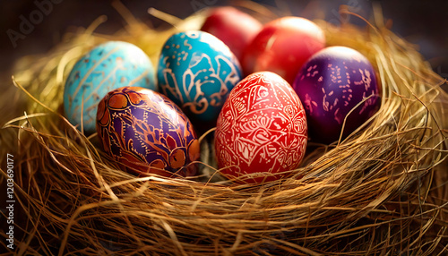 Intricate, hand-painted Easter eggs nestle in a rustic bird's nest. Vibrant colors and detailed designs create a festive, spring-themed image perfect for cards, websites, or Easter-related projects.