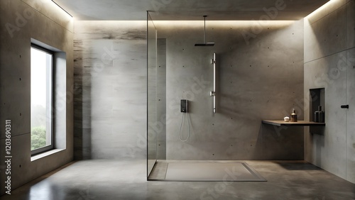 Minimalist interior design of modern walk shower are simplicity with concrete wall
