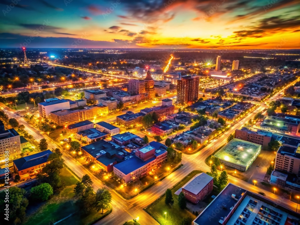 Fototapeta premium Flint Michigan Cityscape at Night with Bokeh Lights - Aerial View