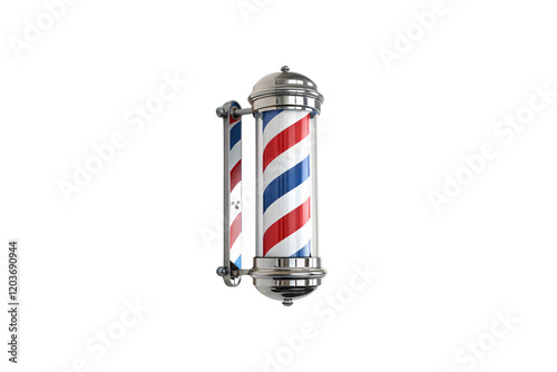 A chrome-framed barber pole showcasing vibrant red, white, and blue stripes, symbolizing barbershop culture with its timeless rotating spiral design. Isolated on a transparent background photo