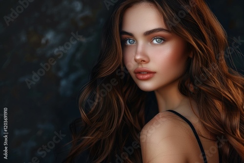 Young woman with wavy hair and serene expression. Soft lighting enhances her features against dark, textured background. Neural network AI generated photo