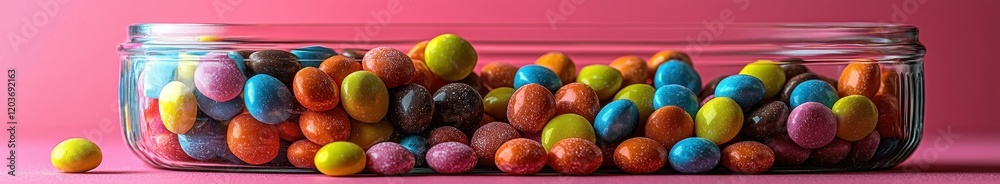 Vibrant glass bowl with colorful candy-coated chocolates against pink background Vibrant glass bowl with colorful candy-coated chocolates against pink background