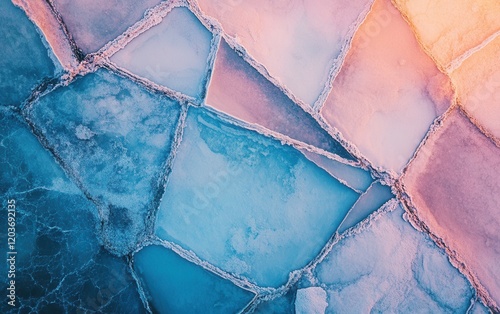 Aerial View of Multi-Colored Salt Ponds with Crystallized Edges, Evaporation Pools, Abstract Textures and Light, Blue, Pink, White.