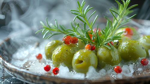 modernist dish featuring liquid olive spheres garnished with herbs and berries, creating unique culinary experience photo