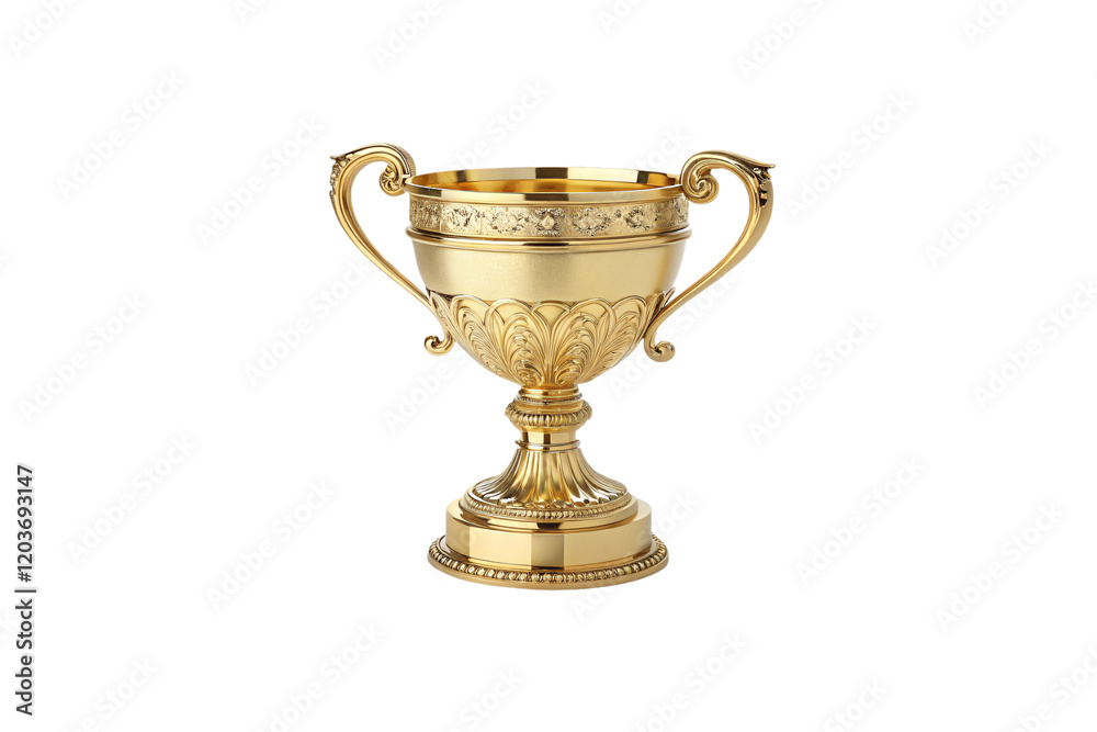 Ornate golden trophy with elegant curved handles, featuring intricate floral engravings and a flared base, symbolizing excellence and grandeur. Isolated on a transparent background Ornate golden trophy with elegant curved handles, featuring intricate floral engravings and a flared base, symbolizing excellence and grandeur. Isolated on a transparent background