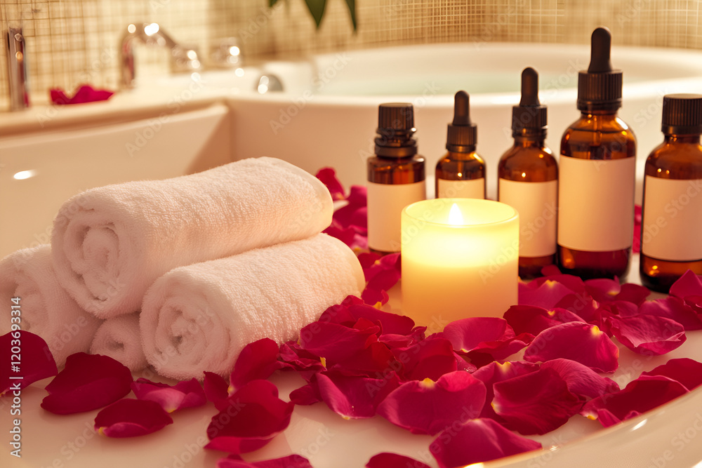 tranquil spa scene with warm candlelit bathtub, essential oils, and soft towels. Relaxing ambiance with rose petals tranquil spa scene with warm candlelit bathtub, essential oils, and soft towels. Relaxing ambiance with rose petals