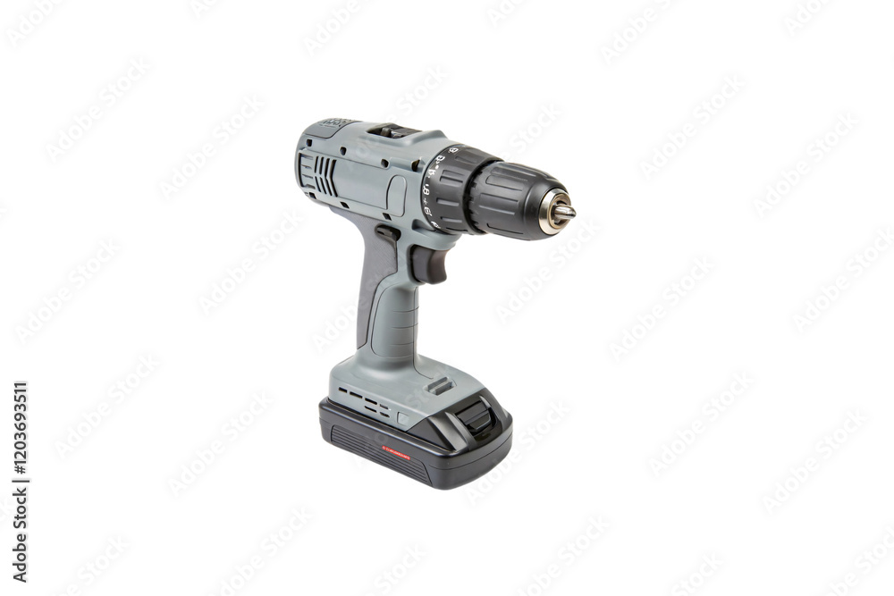 Sleek gray cordless drill, featuring a sturdy design, comfortable handle, adjustable torque dial, and efficient rechargeable battery, ideal for practical tasks. Isolated on a transparent background Sleek gray cordless drill, featuring a sturdy design, comfortable handle, adjustable torque dial, and efficient rechargeable battery, ideal for practical tasks. Isolated on a transparent background